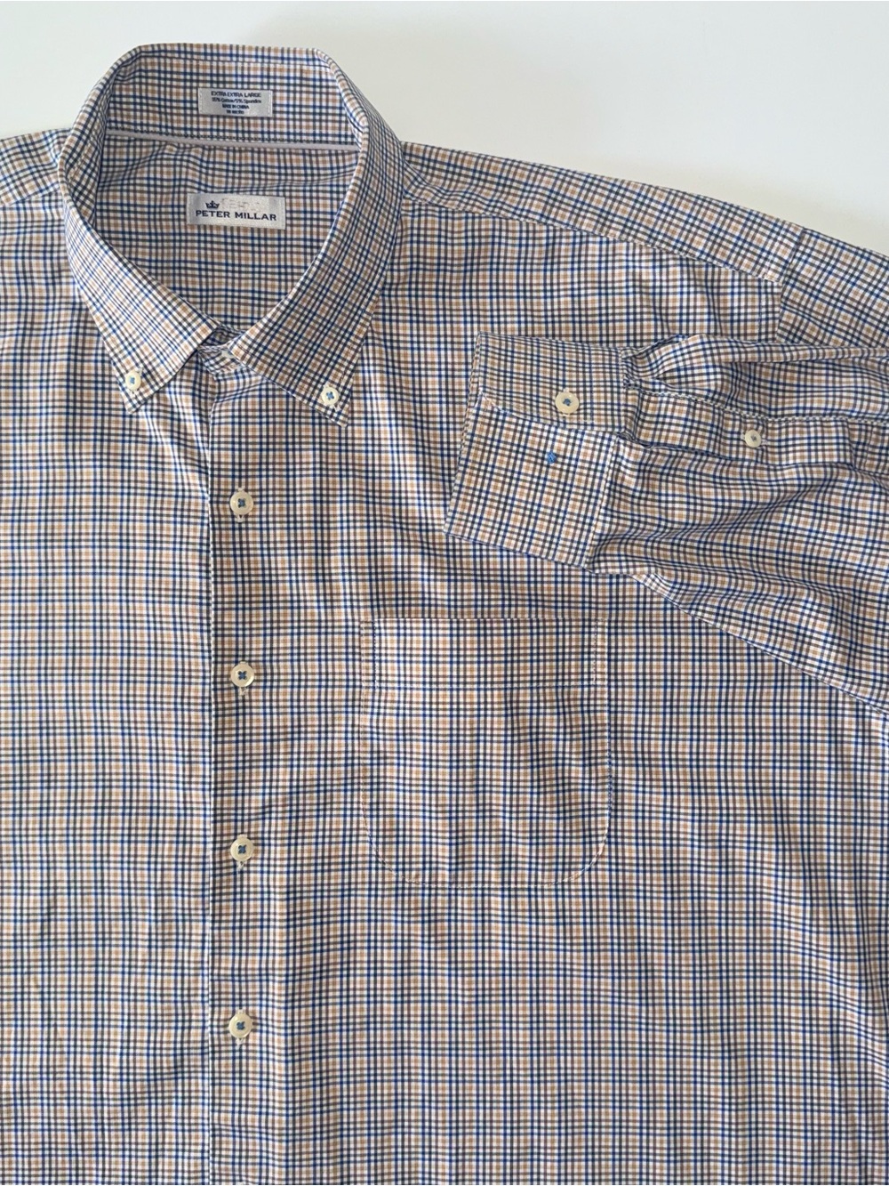 Peter Millar Button Down Shirt Men's XXL Blue Brown Tattersall Check Stretch